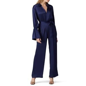 Three Floor Brigitte Jumpsuit Satin Bell Sleeve Collared Wide Leg Navy Blue 4